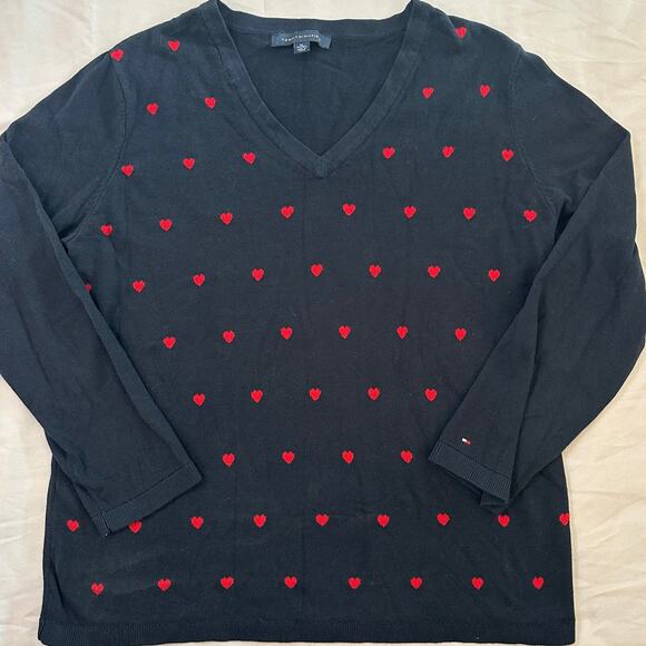 Tommy Hilfiger Navy, Red Hearts, V-Neck, Pull Over Sweater- XL - Picture 1 of 6